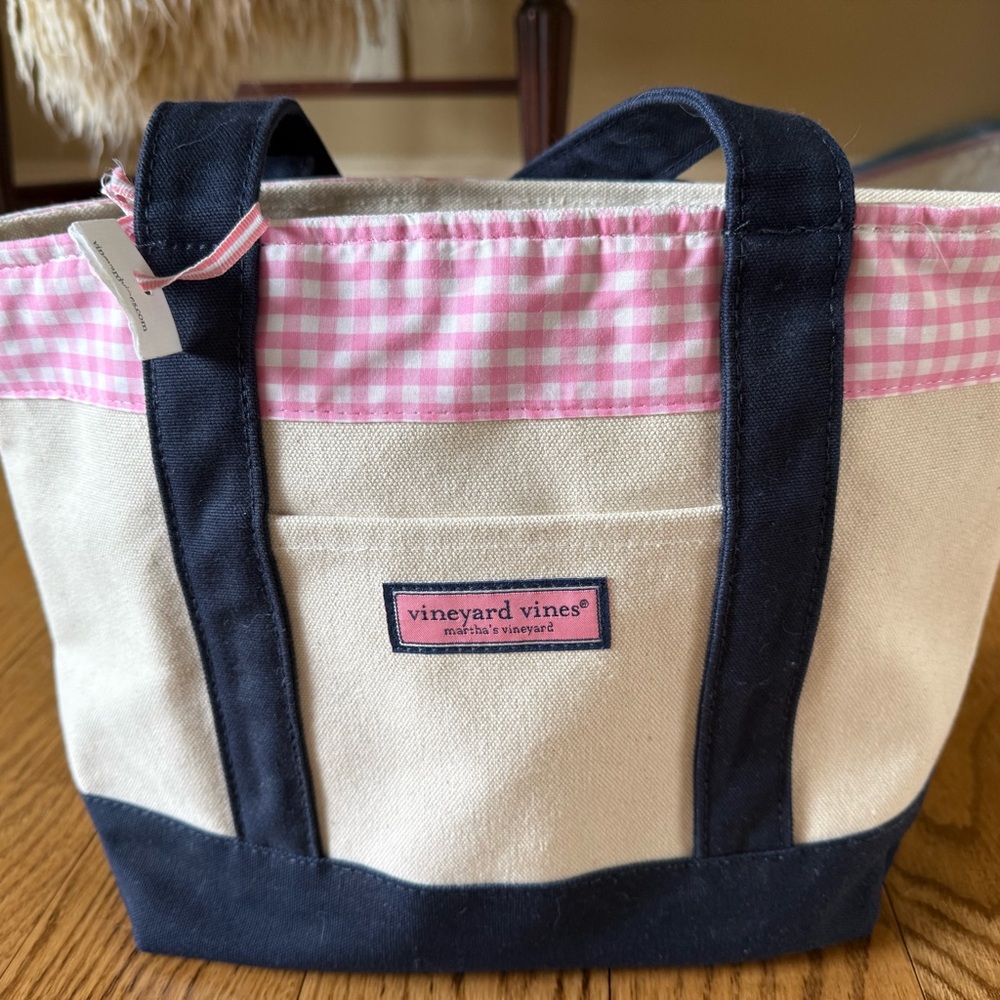 Vineyard Vines Pink Gingham & Navy Canvas Tote